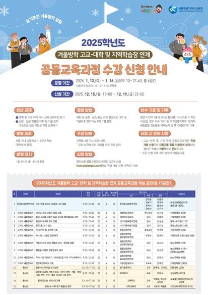 세종시교육청 슬기로운 겨울방학 생활, 고교·대학·지역학습장 연계 공동교육과정 운영