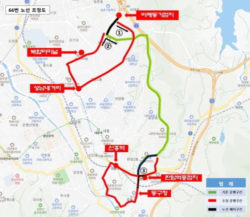 대전시 시내버스 66번, 1001번 노선조정 운행 post image